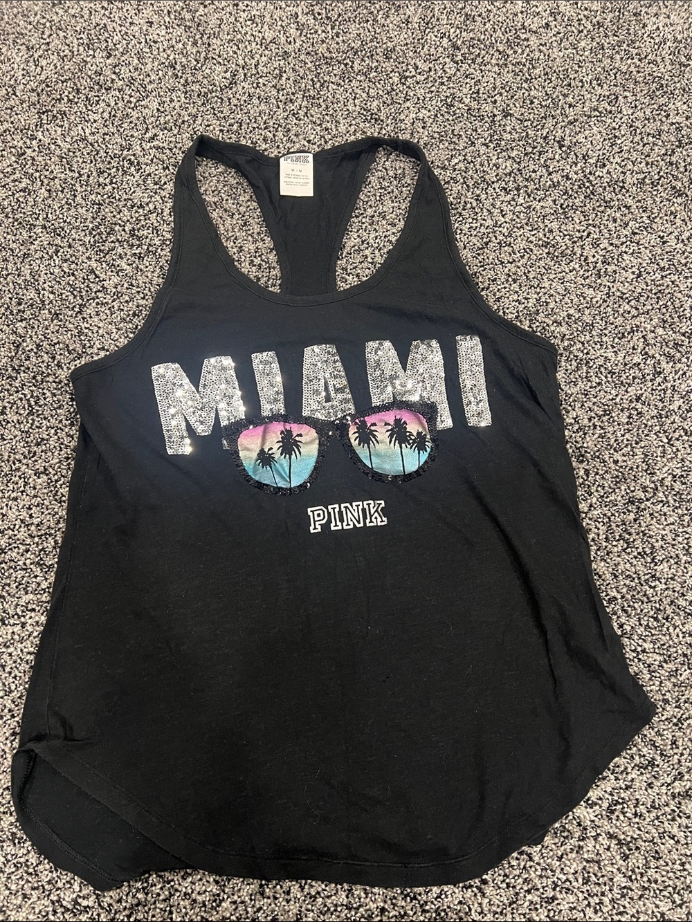 PINK Victoria's Secret Black Miami Graphic Racerback Tank with Sunset Sunglasses